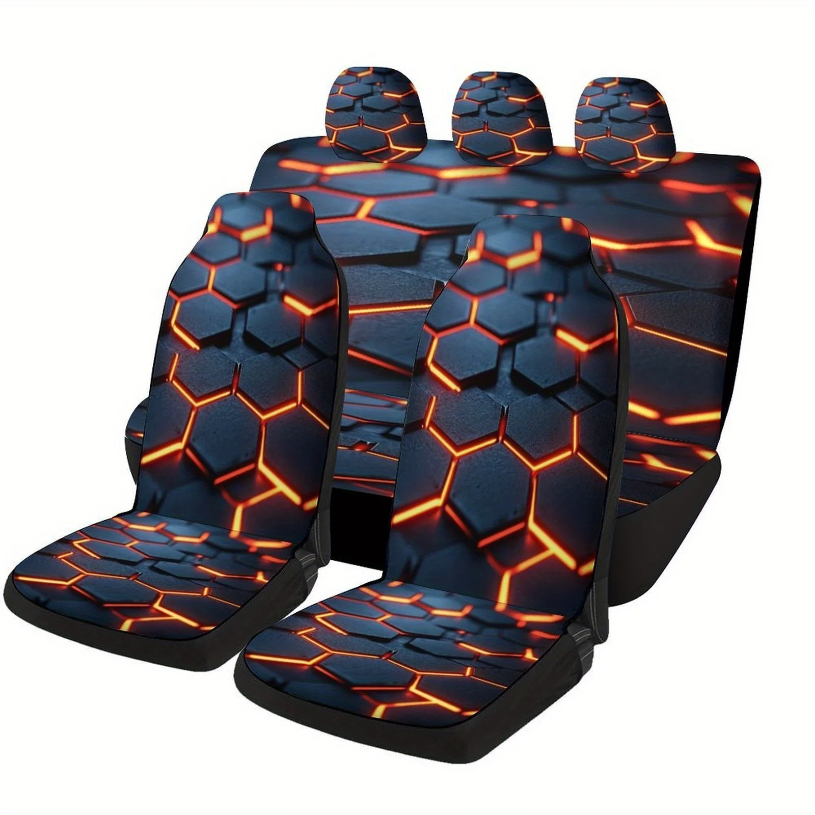 Hexagon Grid Glow Themed Car Seat Cover Set For Most Cars, Trendy Novelty Car Seat Protector Covers Full Set, Universal Car Seat