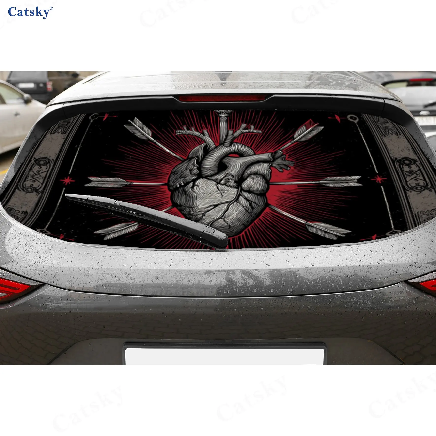 Arrow-Pierced Dark Heart PVC Perforated Car Vinyl Wraps, Durable Car Rear Windshield Sticker, Waterproof Car Rear Window Decal