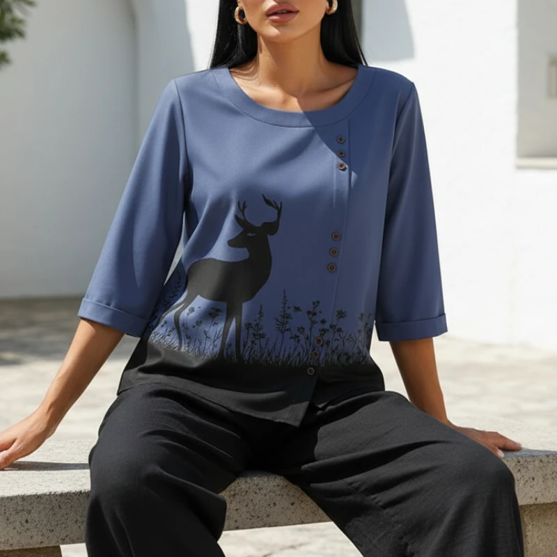 

ZANZEA Spring Summer Women's Casual Blouses O-Neck 3/4 Sleeve Cartoon Deer Printing Buttons Tops Everyday Wear Woman Clothes 3XL