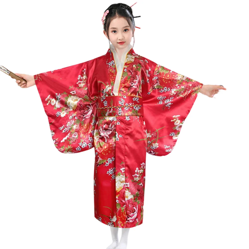 Asian Children Japanese Kimono Bathrobe Gown Kids Japan Style Peacock Yukata Dress Obi Vintage Haori Halloween Cosplay Costume