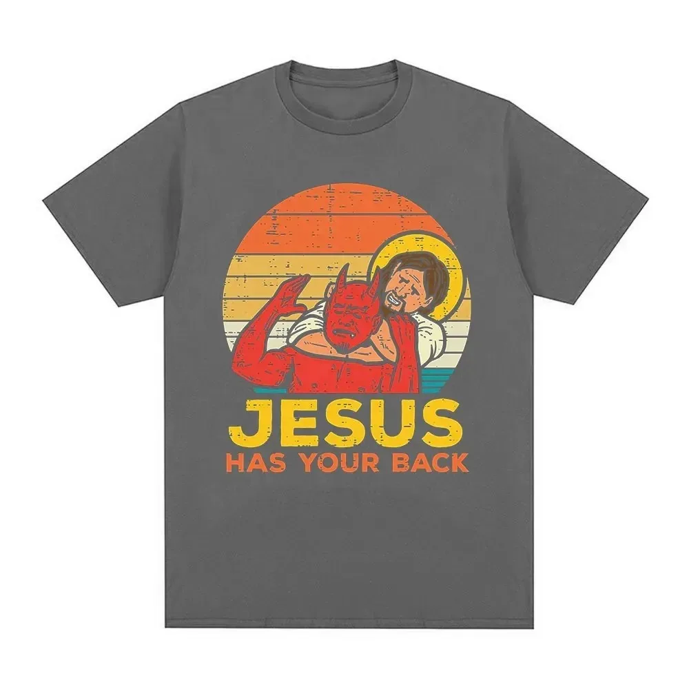 Funny Jesus Has Your Back Jiu Jitsu Retro Christian T-shirt Men\'s 100% Cotton Fashion High Quality Oversized T-shirts Streetwear