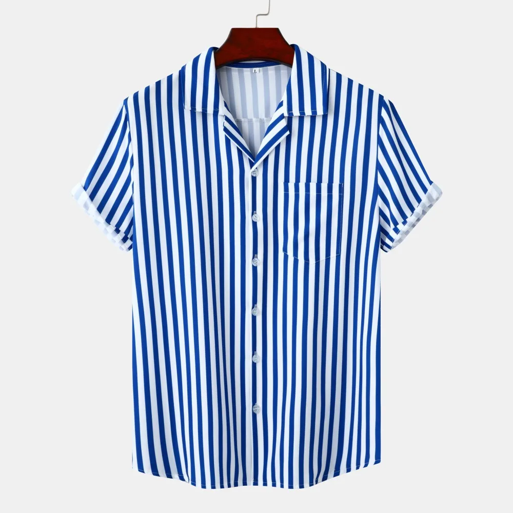 

Cuban collar ice silk casual striped short sleeve shirt beach