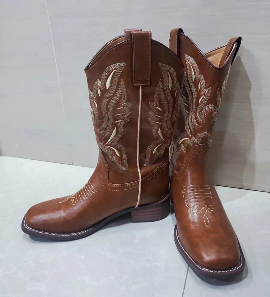 

Retro Embroidery Women Long Boots Fashion Square Head Women Shoes Thick Heel Zapatos Mujer Knee High Botas Femininas