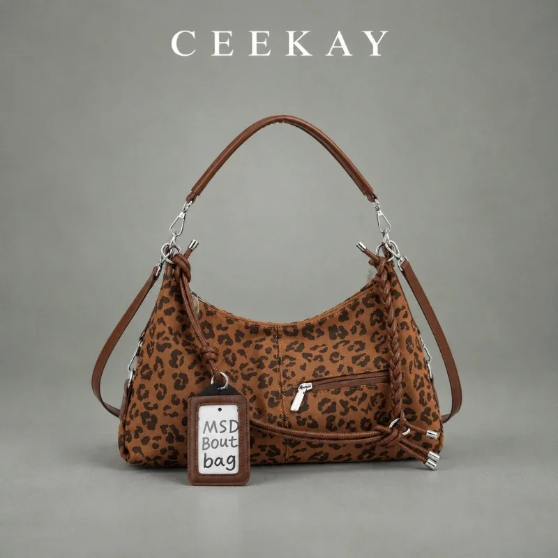 CEEKAY Leopard Print Hobo Bag Braided Knotted Strap Front Zip Pocket Luggage Tag All-Match Daily Wear Roomy Elegant Classic