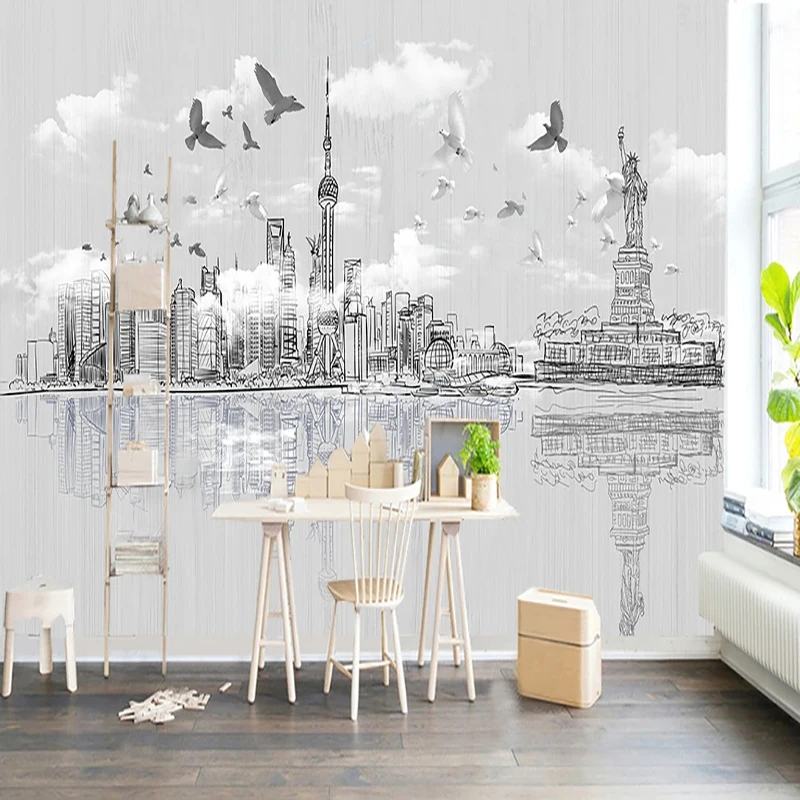 Custom Any Size Mural Hand-painted Nordic Black White City Wallpaper Restaurant Cafe Background Wall Decor Papel De Parede 3 D