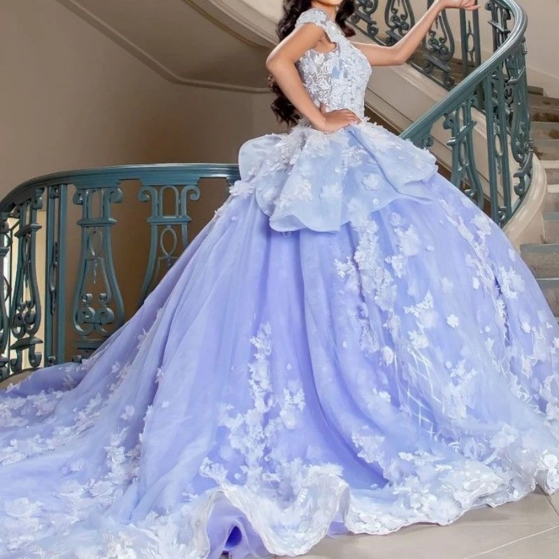 

Светло-лавандовое платье Quinceanera, бальное платье с открытыми плечами, аппликациями и бисером, 3D Wer Sweet 16, платье Vestidos 15 Anos Rosa