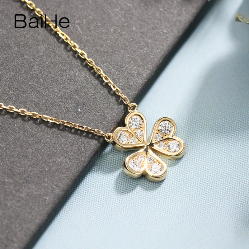 BAIHE Solid 18K Yellow/Rose/White Gold 0.24ct H/SI Natural Diamond Clover Necklace Women Engagement Fine Jewelry chains 목걸이