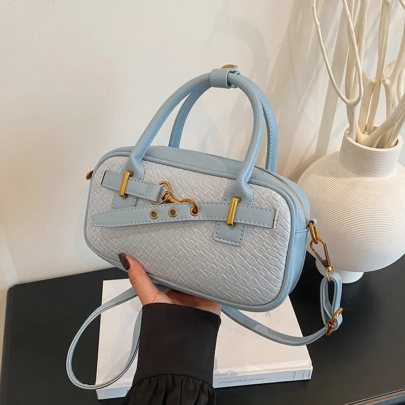 

2025 New! Light Luxury Women's Bowling Bag - Solid Color,Matte Finish Retro Belt Decoration,Handheld,Shoulder & Crossbody,Casual