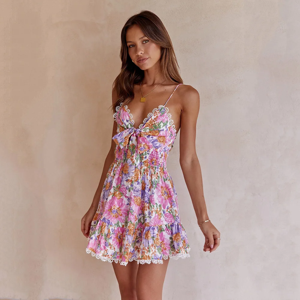 

French Retro Style V-Neck Sexy Camisole Dress with a Cinched Waist Slimming Effect Bow Print Dress