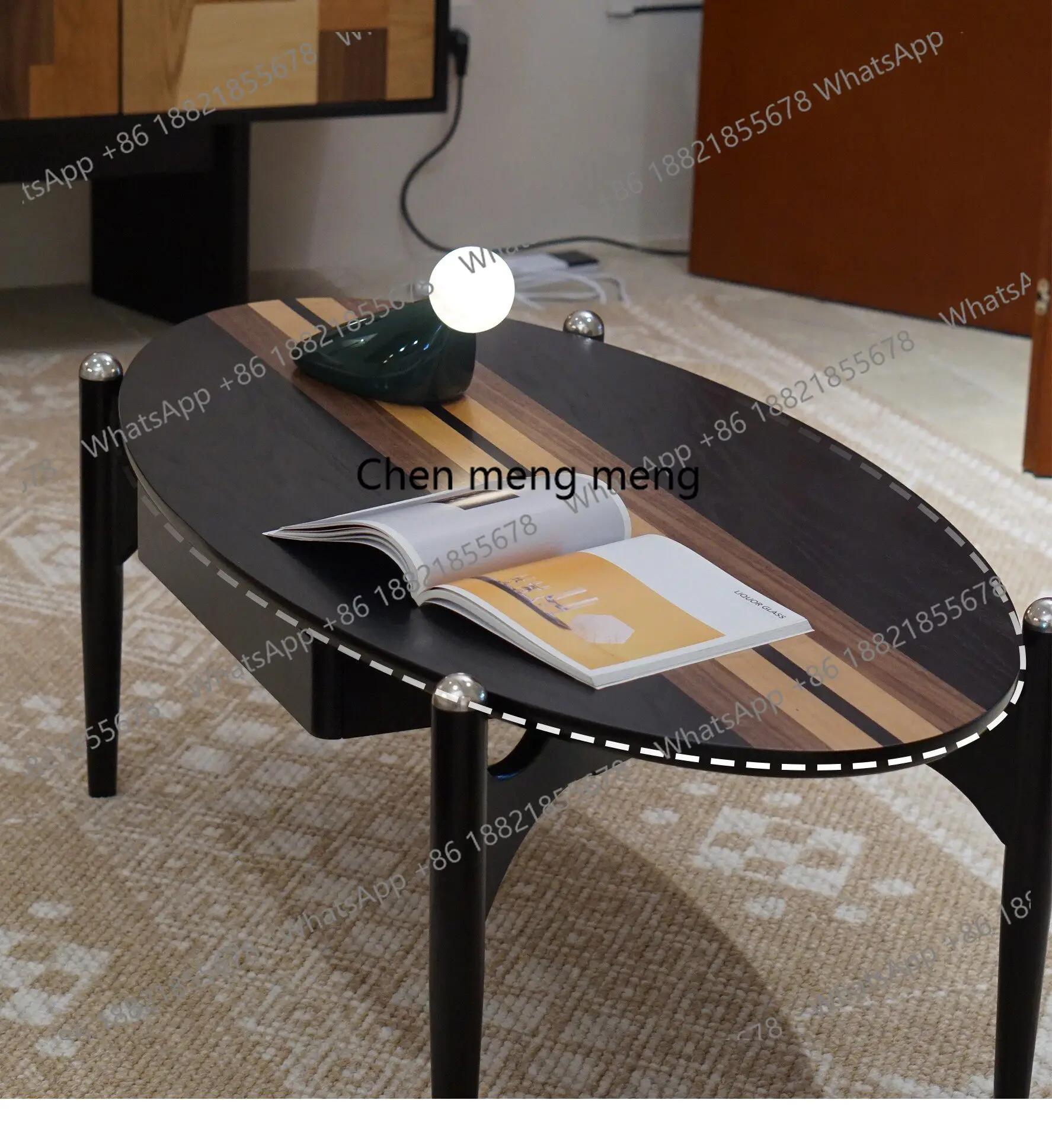 Weaving shadow coffee table solid wood color matching antique living room oval high-end household tea table