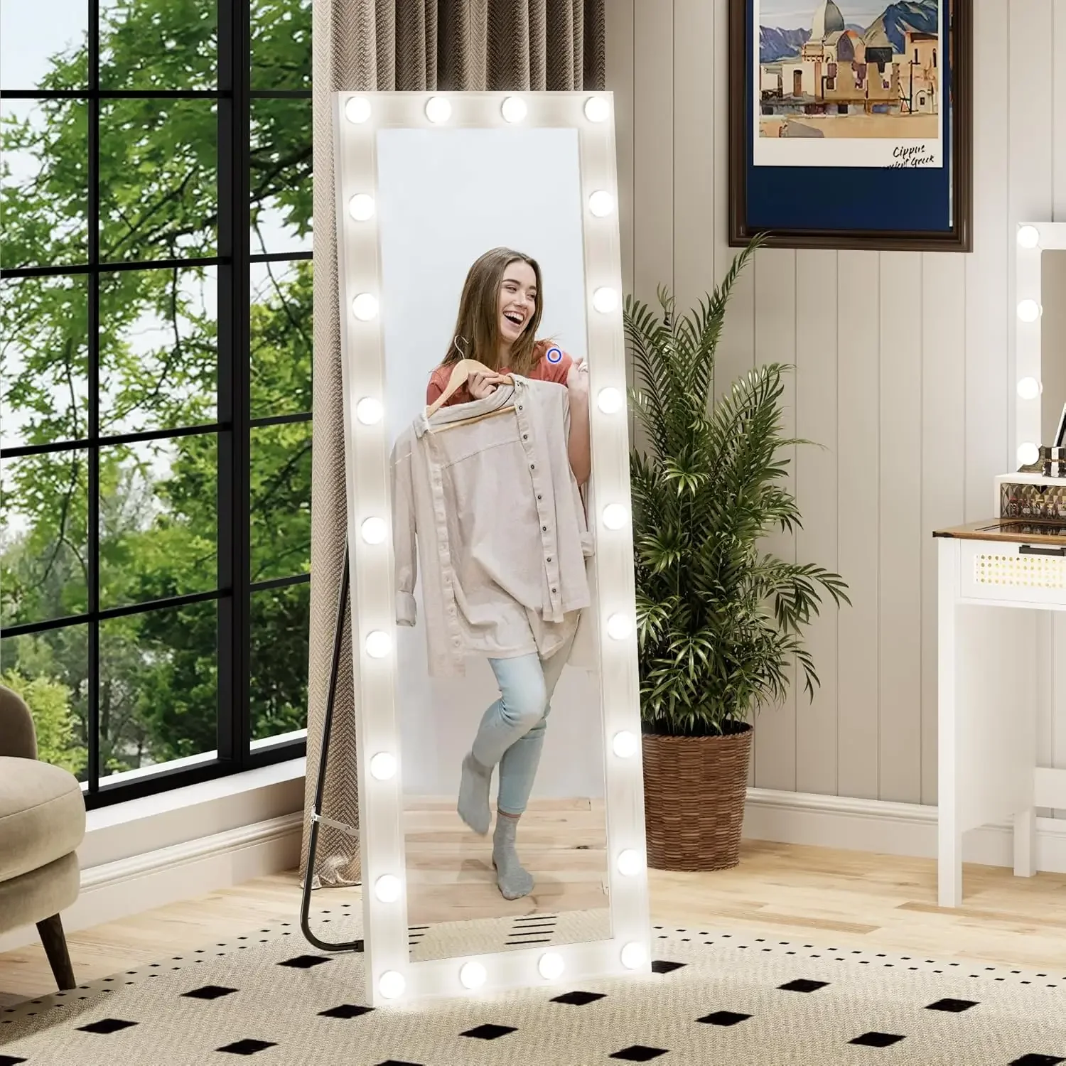 Full Length Mirror with Lights, Hollywood Floor Full Body Mirror with Stand, Standing Tall Big Size Mirror for Large Bedroom