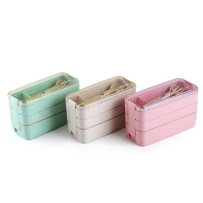 Portable Three-layer Bento Box With Spoon Wheat Straw Dinnerware Leak-proof Food Storage Container Picnic Office School Lunchbox