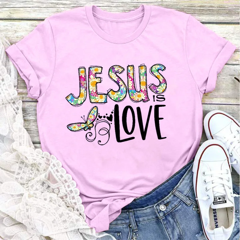 Jesus Love Print Women T Shirt Short Sleeve O Neck Loose Women Tshirt Ladies Tee Shirt Tops Clothes Camisetas Mujer