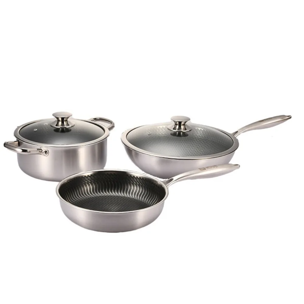 304 stainless steel three-piece pot and pan set, household non-stick wok, soup pan, frying pan, induction cooker, gas universal