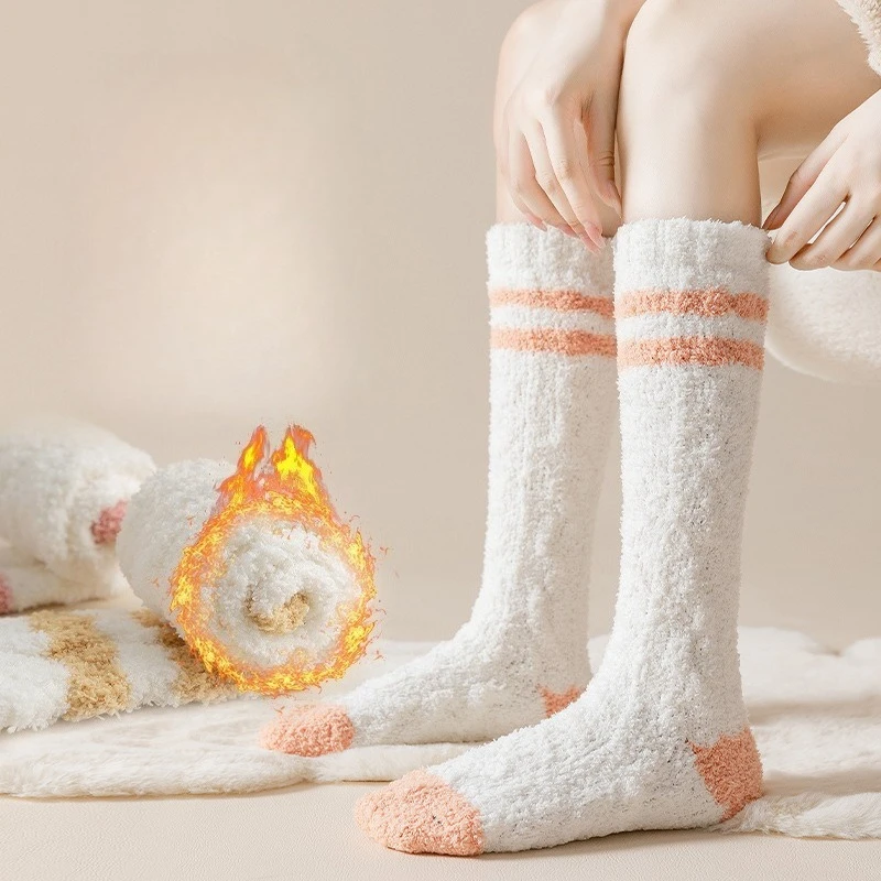 

2 пары зимних новых толстых теплых носков, милые и милые полосатые длинные носки из кораллового флиса, удобные домашние носки-тапочки для женщин