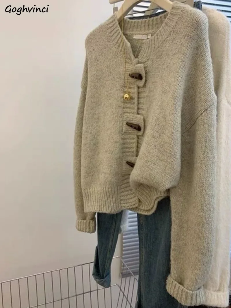 

Horn Button Knitted Cardigan for Women Korean Fashion Retro Autumn Winter Gentle Soft Unique Casual Ins All-match Daily Outwear