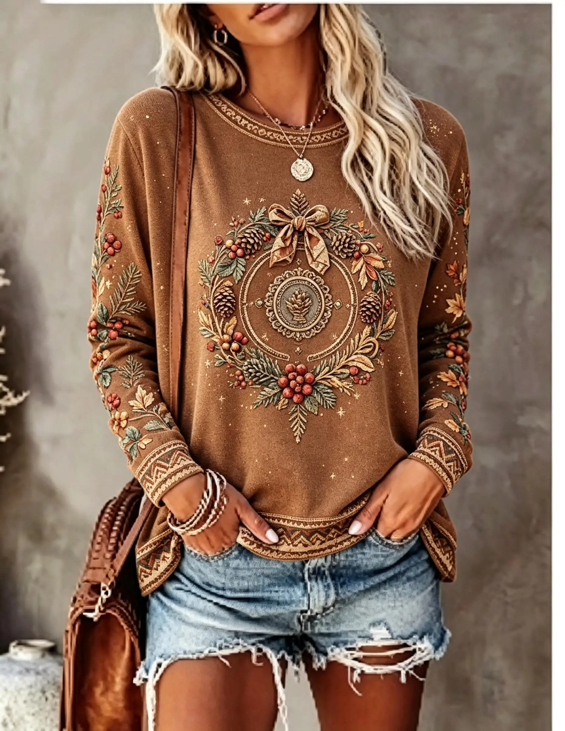 Women Crew Neck Long Sleeve T‑Shirt, Christmas Wreath Pine Cone Print Casual Loose Pullover Tops