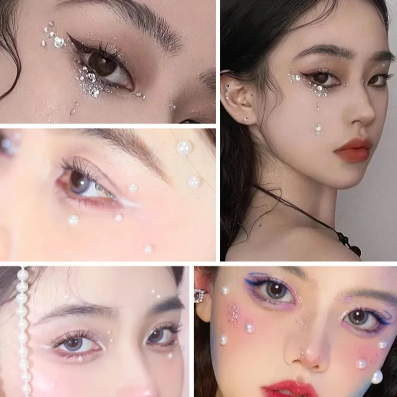 

1 Sheet 3D Coloful Pearl Eyes Face Tattoo Self Adhesive Face Gem Jewels Eyeshadow Stickers Round Pearls Makeup Rhinestones