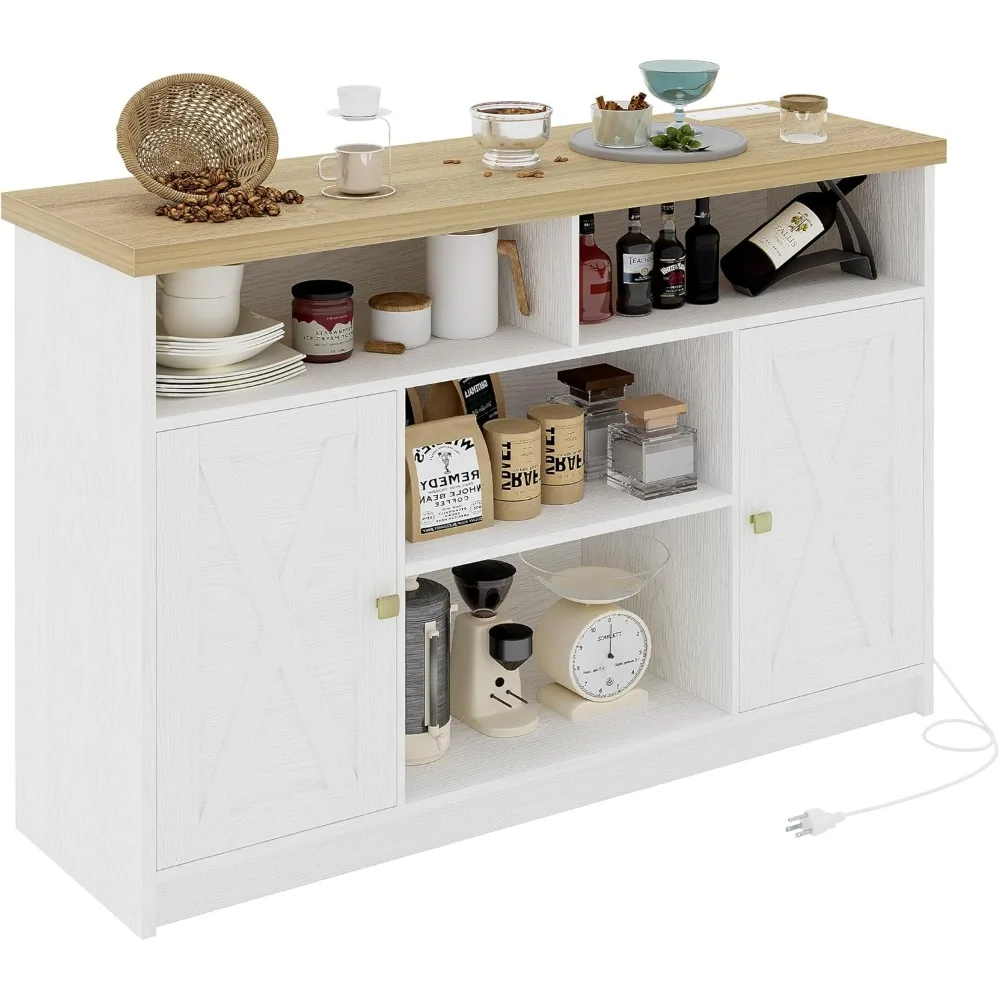 Coffee Bar Cabinet with Power Strip, 47” Storage Cabinet with Barn Doors and Thickened Top Board, White Sideboard