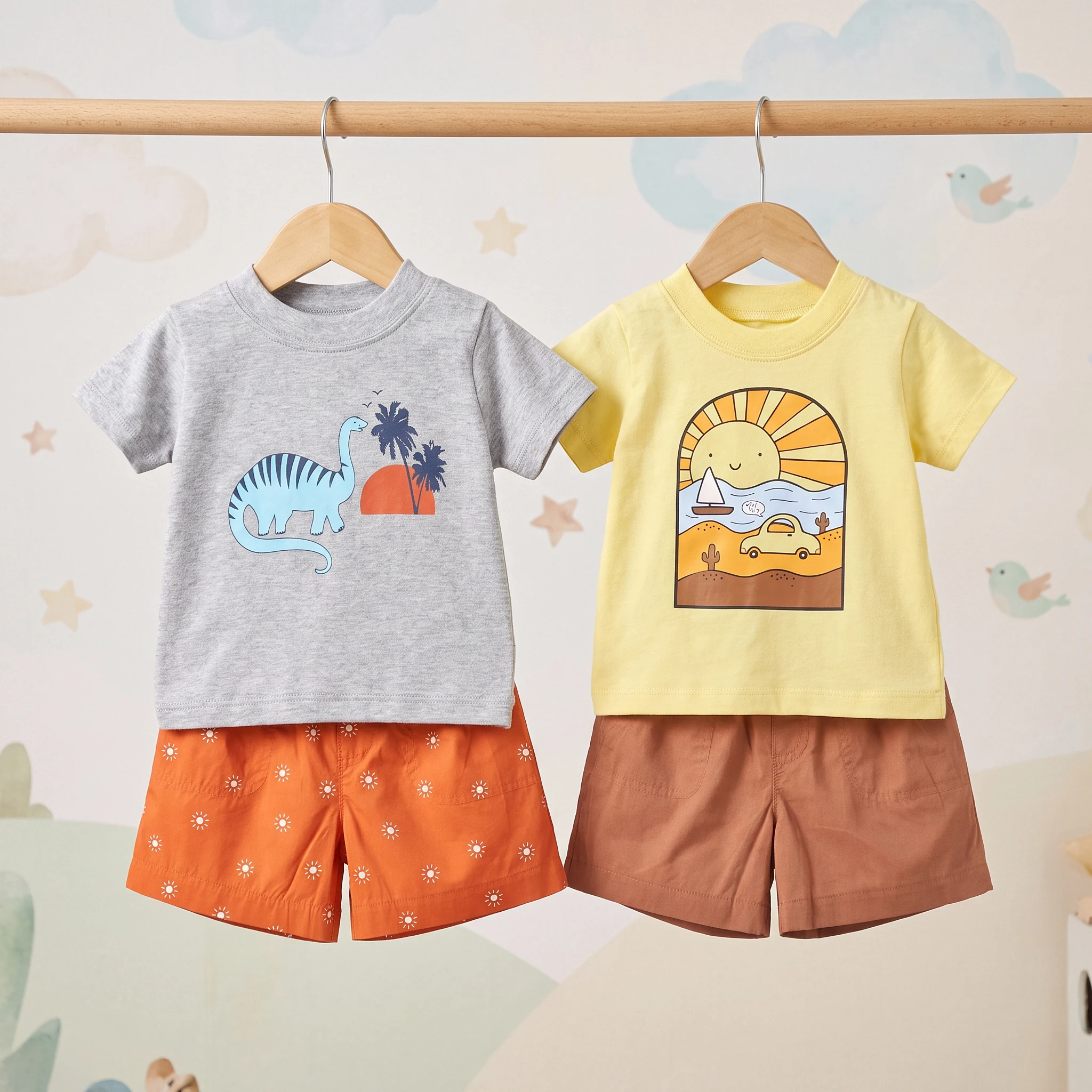 Summer Baby Boys 2Pcs Cotton T-Shirt & Shorts Set – Cute Dinosaur & Sun Print Casual Outfit for Infant 9M-3T