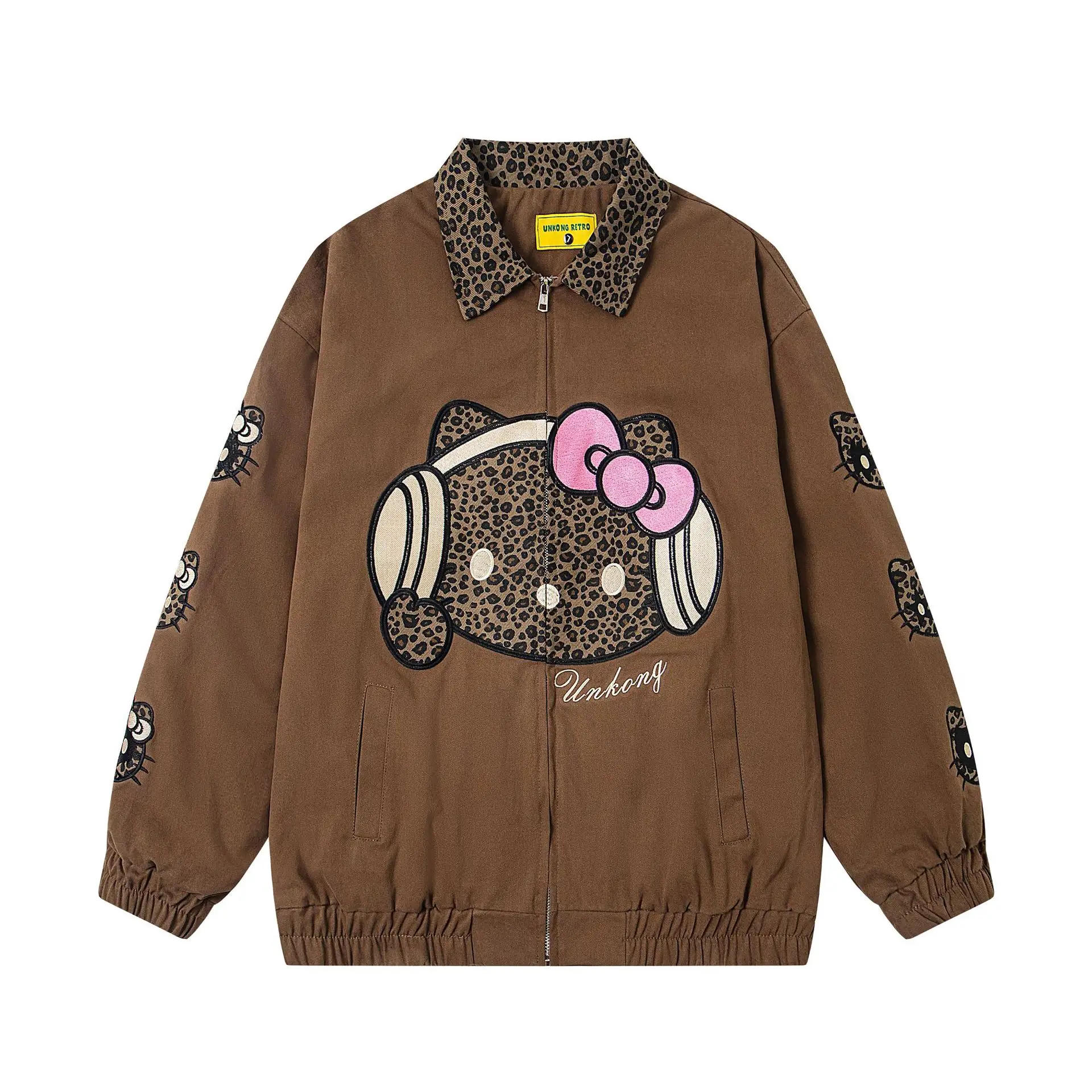 

MINISO HelloKitty leopard print contrasting lapel jacket for men, autumn/winter 2025 new loose casual versatile baseball jersey