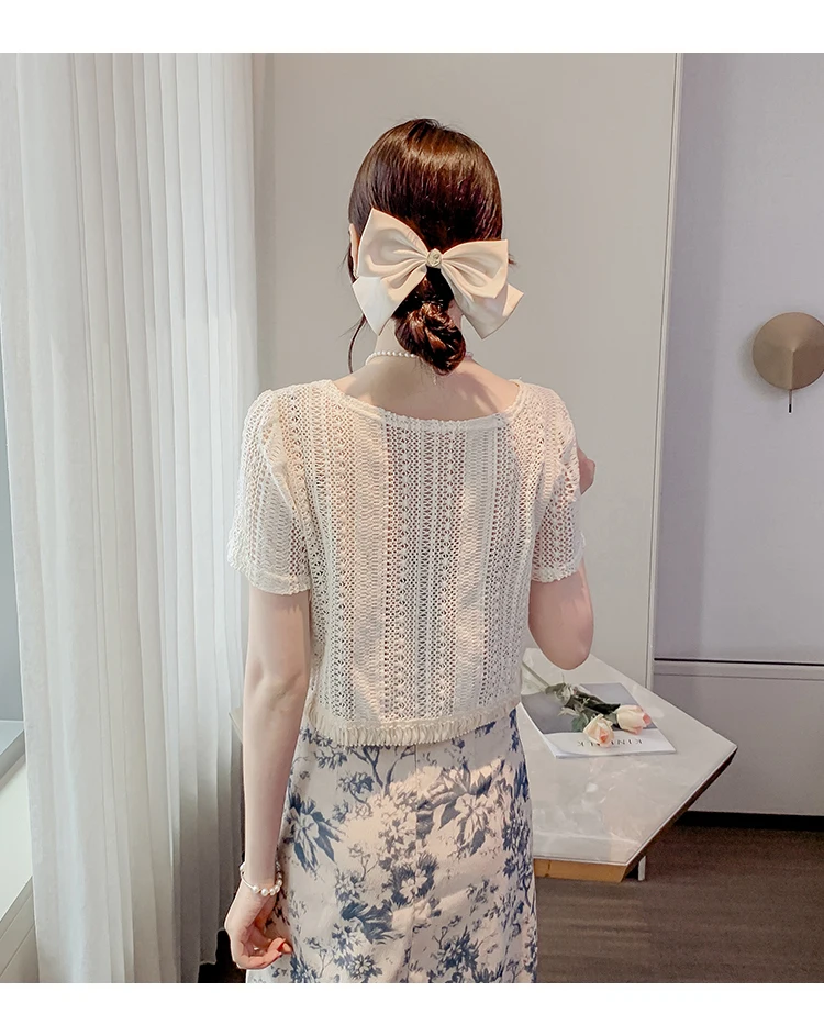 Korean Style Female Lace Shirts for Summer Short Sleeve V-neck Tassel Ribbon Short Design Women Cardigans Sweet Sunscreen Shirt