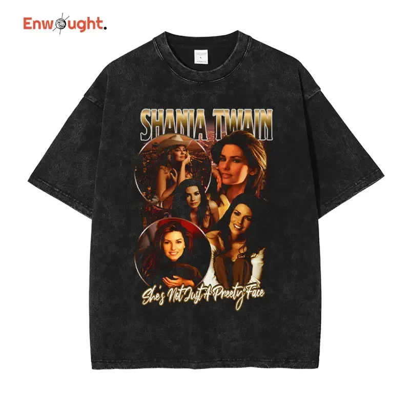 Shania Twain T Shirt Harajuku Female Singer Stars Vintage Washed Tops Tees Hip Hop Short Sleeve Oversized Retro T-shirt Cotton