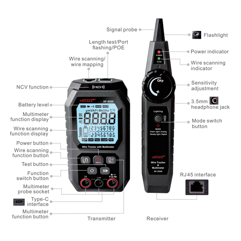 Imagem -02 - Noyafa-network Cabo Tester e Multímetro Digital Nf8509 Cabo Tracker Cat5 Cat6 Poe Tester Detectar Comprimento Teste de Continuidade em 1