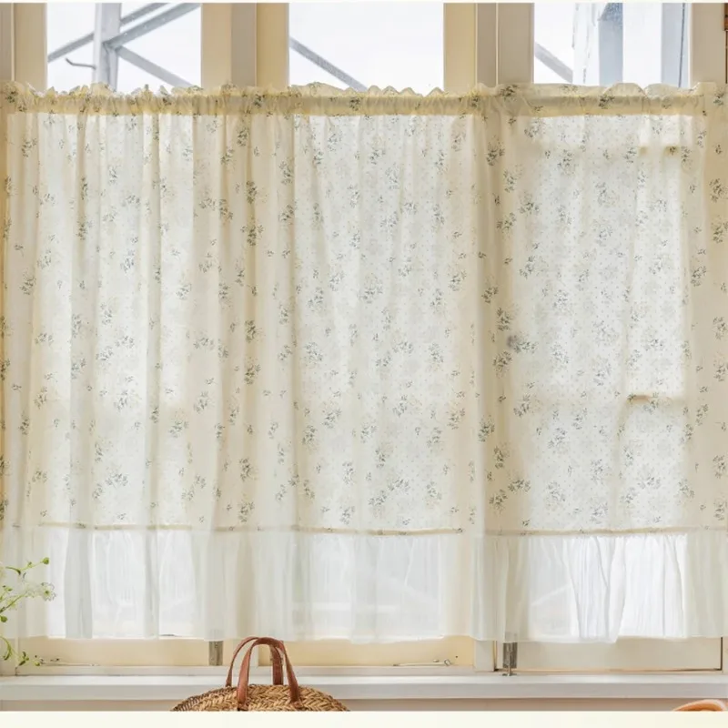 French Chiffon Ruffled Short Curtains Rod Piercing Floral Half Curtain for Kitchen Cafe Living Room Bay Window Cabinet Decor