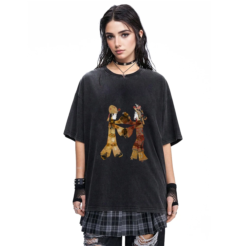 

Постиранная футболка, графический принт китайской тени на спине, культурный дизайн, повседневная футболка с короткими рукавами, модная уличная футболка