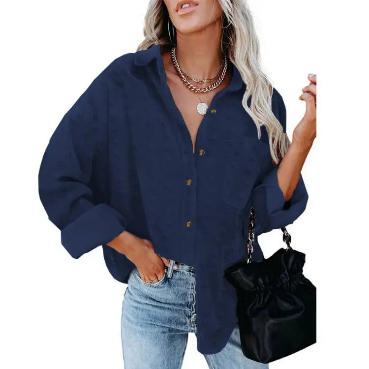 Dw 2025 Autunno Nuovo Colore Solido Chiffon Jacquard Risvolto Camicia a maniche lunghe Button-down Cardigan Allentato Magliette e camicette Abbigliamento Donna