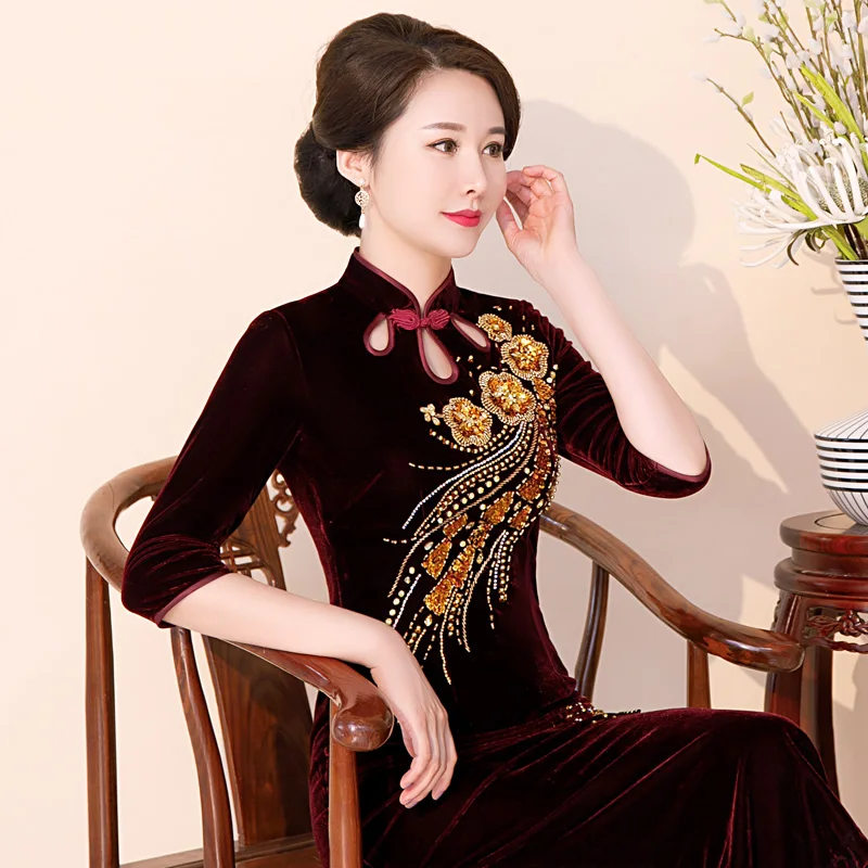 

Ele Long Velvet Mom Wedding Dr with Long Sves High Split for Winter Wedding Banquet High Quali Chinese ...