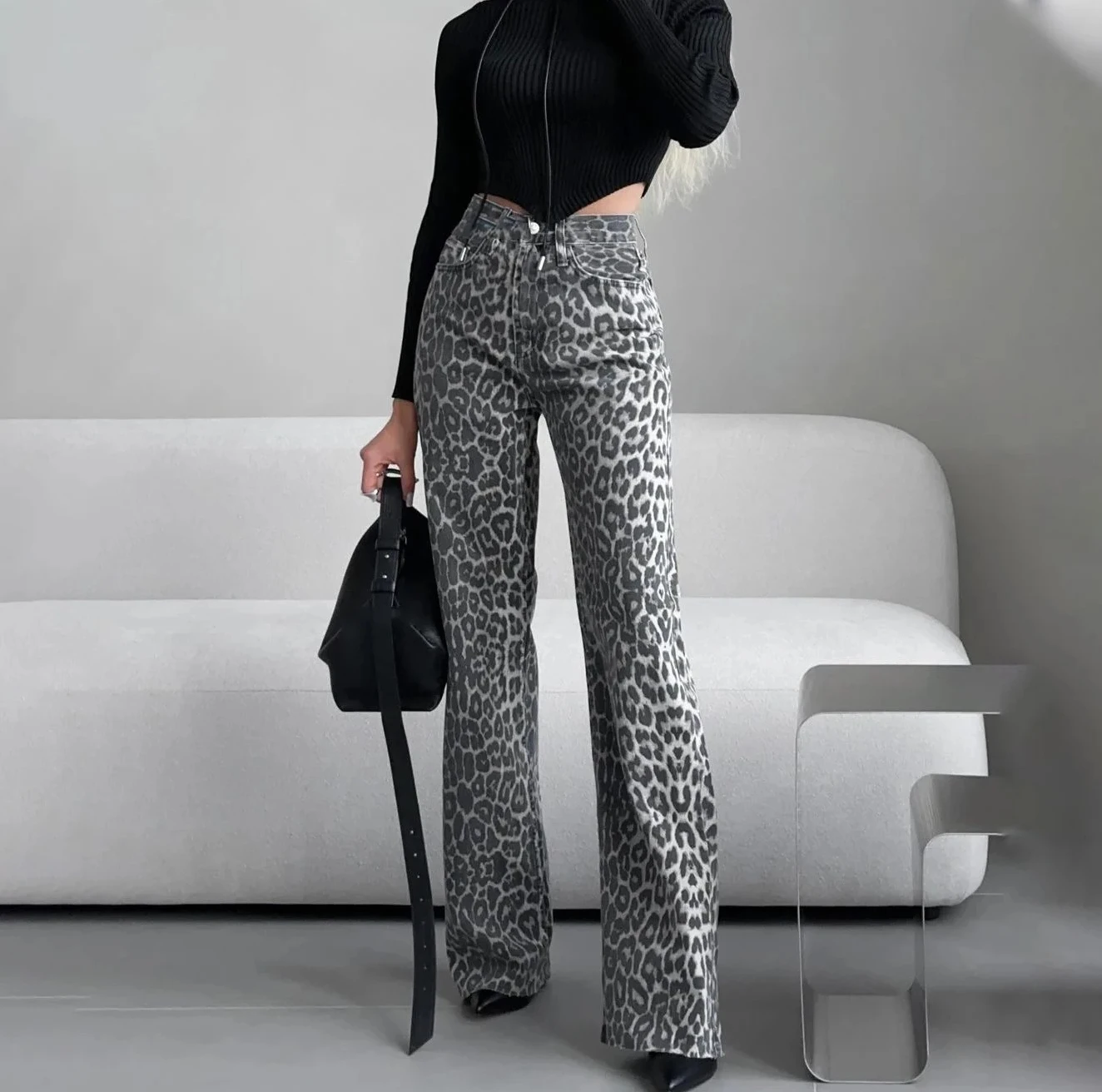 Nieuwe mode baggy luipaardjeans Hoge taille rechte pijpen knoopbroek Vrije tijd elastische damesjeans