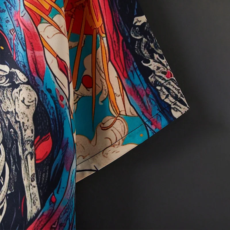 เสื้อคลุมกิโมโนสไตล์ญี่ปุ่นลายหัวกะโหลกสุดเทรนดี้ แฟชั่นสตรีท สไตล์ลำลองสำหรับฤดูร้อน เหมาะสำหรับคู่รัก ทรงโอเวอร์ไซส์ ใส่คลุมชุดว่ายน้ำไปเที่ยวทะเล ชุดคลุมวันพีซ