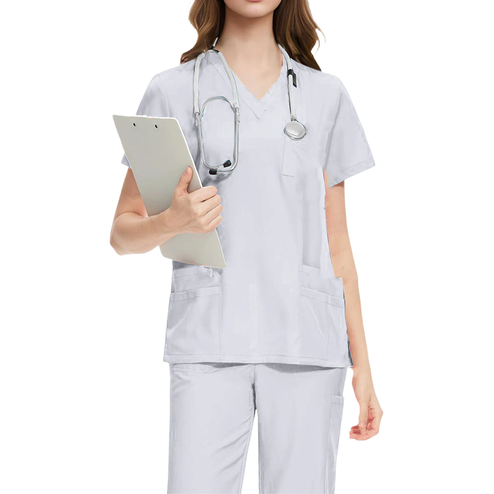 Women's Nurse Scrub Set V-Neck Short Sleeve Multi-Color Multi-Pocket Straight Pants Medical Uniform Healthcare Workwear
