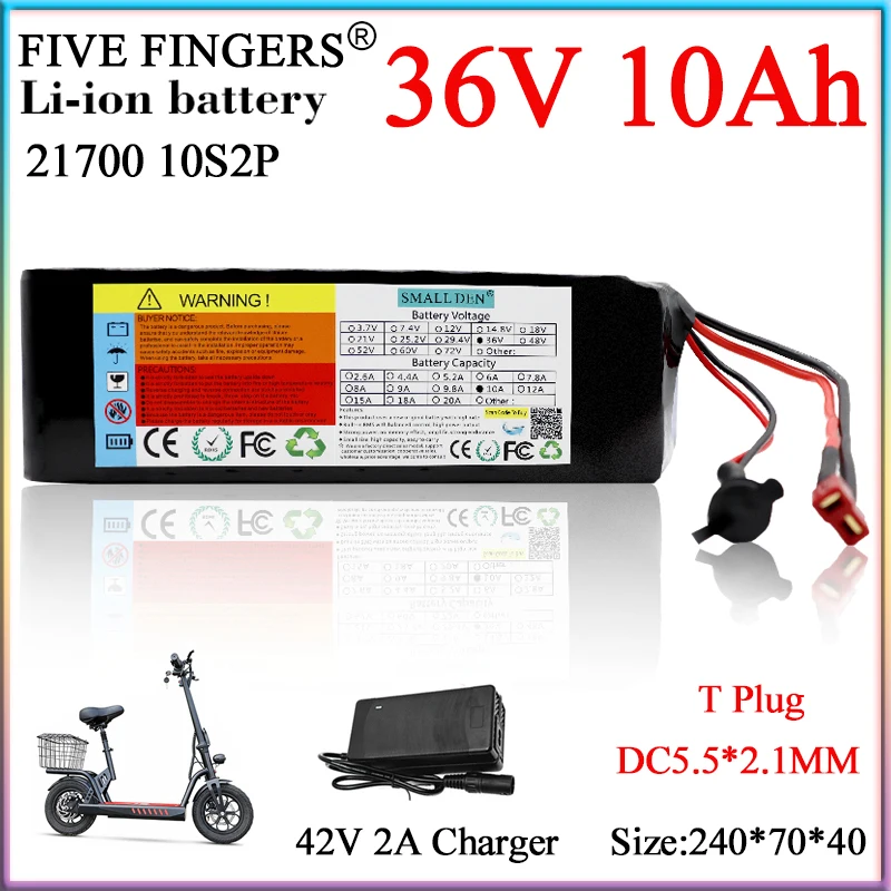 36V 10A 10S2P Rechargeable Lithium Battery Pack 21700 Built-in 15A BMS Motor Cells For E-two wheelers Scooter etc+42V 2A Charger