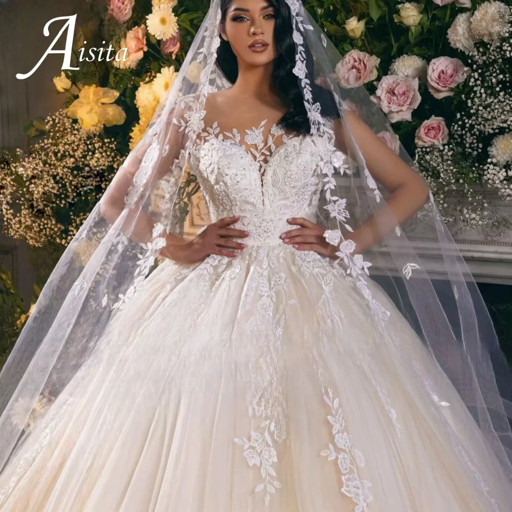 Robe de mariée Boho A-Line pour femme, appliques en dentelle, col rond, mancherons personnalisés, robe dos nu pour patients, 2025