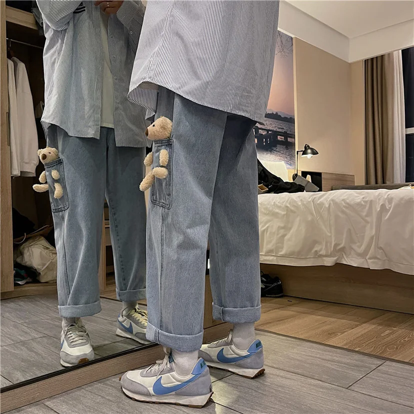 

Trendy Casual Straight Leg Jeans for Junior And High School Boys Bear Patterned Loose Fit Summer Jeans Youth Sle
