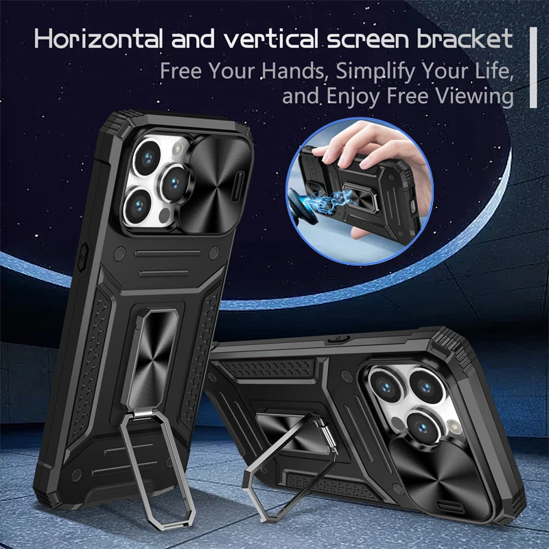 Magnetic Holder Ring Shockproof Armor Case For iPhone 15 Pro Max Slide Lens Protection Cover For iPhone15 iPhone 15 Plus + Funda