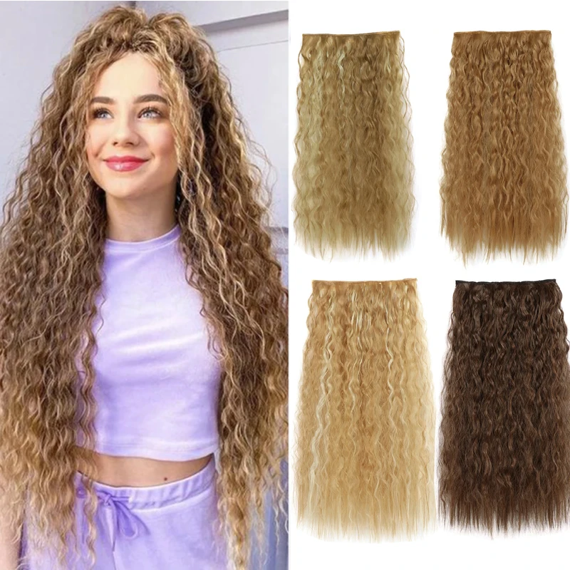 Extensiones de cabello sintético de 24 pulgadas, una pieza, 5 Clips, largo, rizado, fibra de alta temperatura, postizo negro y marrón para mujer