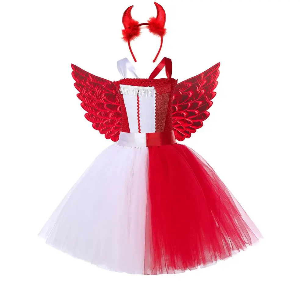 

Kids Red Evil Queen Tutu Dress Halloween Fancy Girls Devil Angel Tulle Dress with Horns for Cosplay Carnival Party Clothing