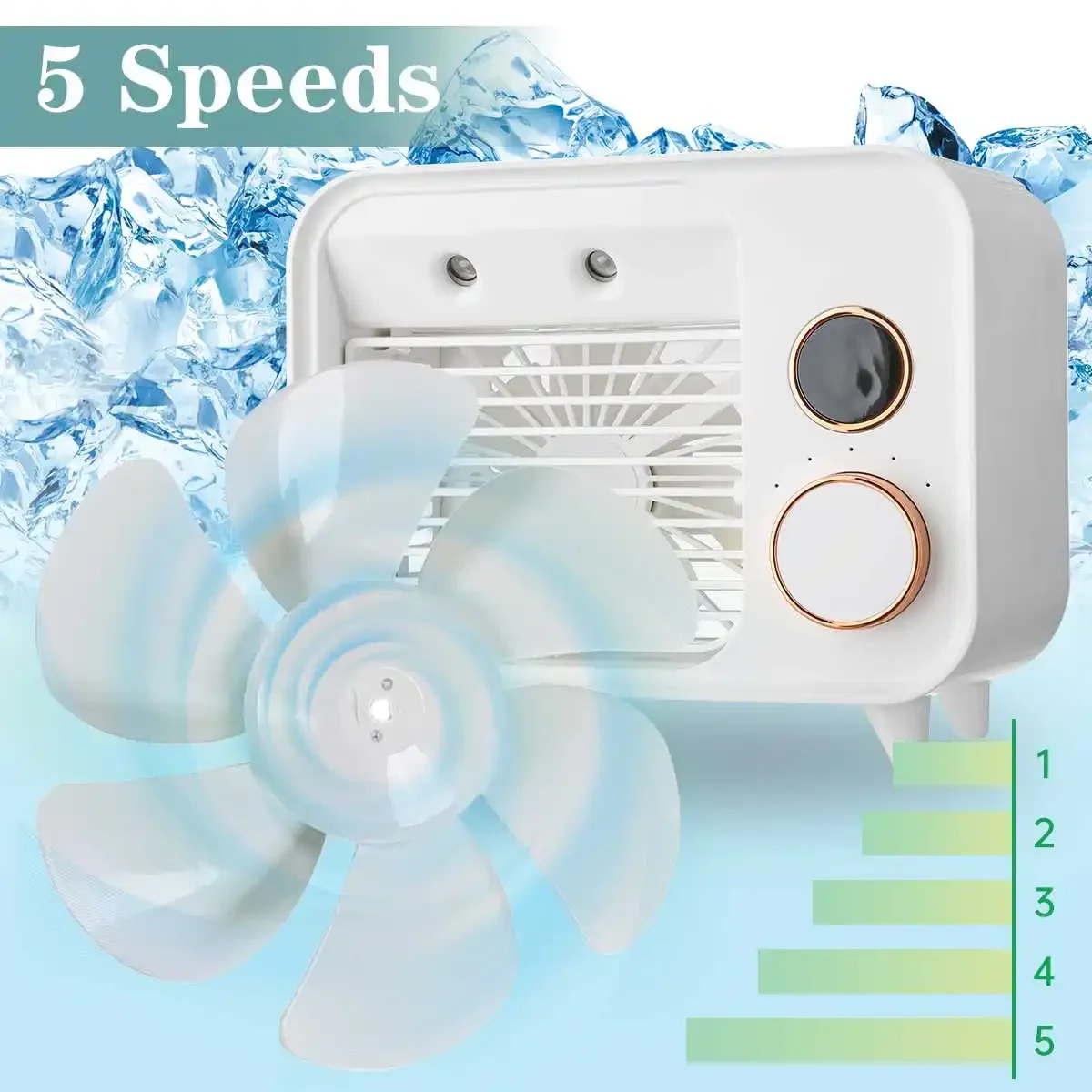 

Portable 5 Speeds Mini Air Conditioner Air Cooler Spray Water Cooling Fan Humidifier LED Light Desk Personal AC Fan for Office