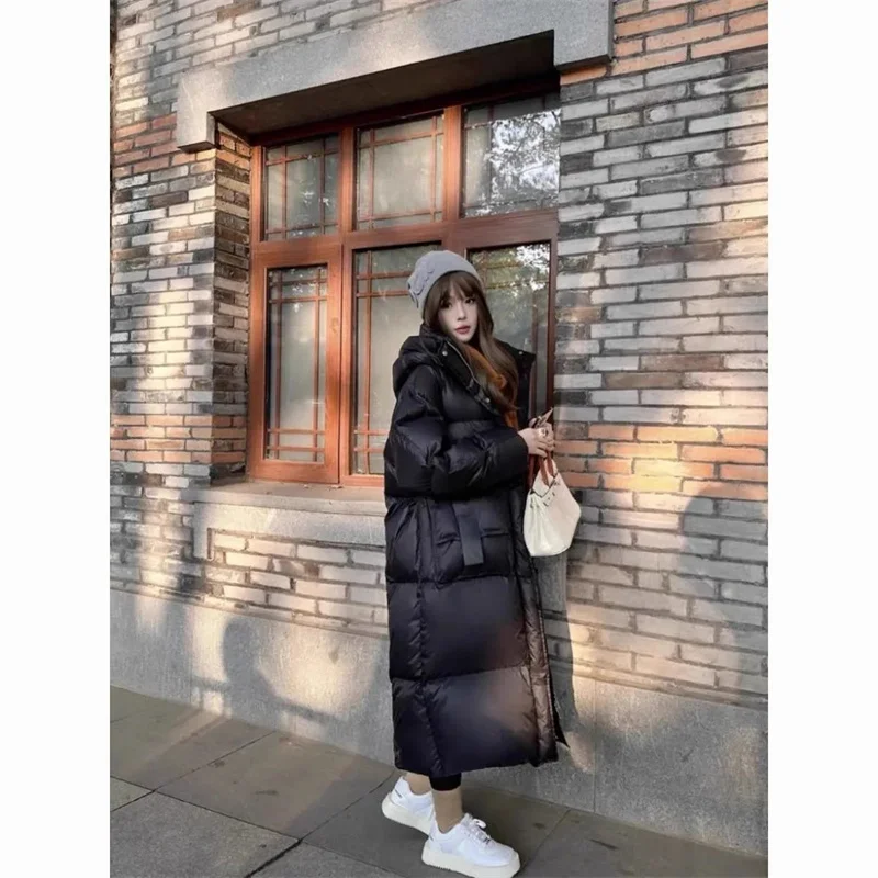 Parka noire pour femmes, vêtements d'extérieur coréens, manteau bouffant Long et brillant, grande taille, veste chaude en coton, automne hiver
