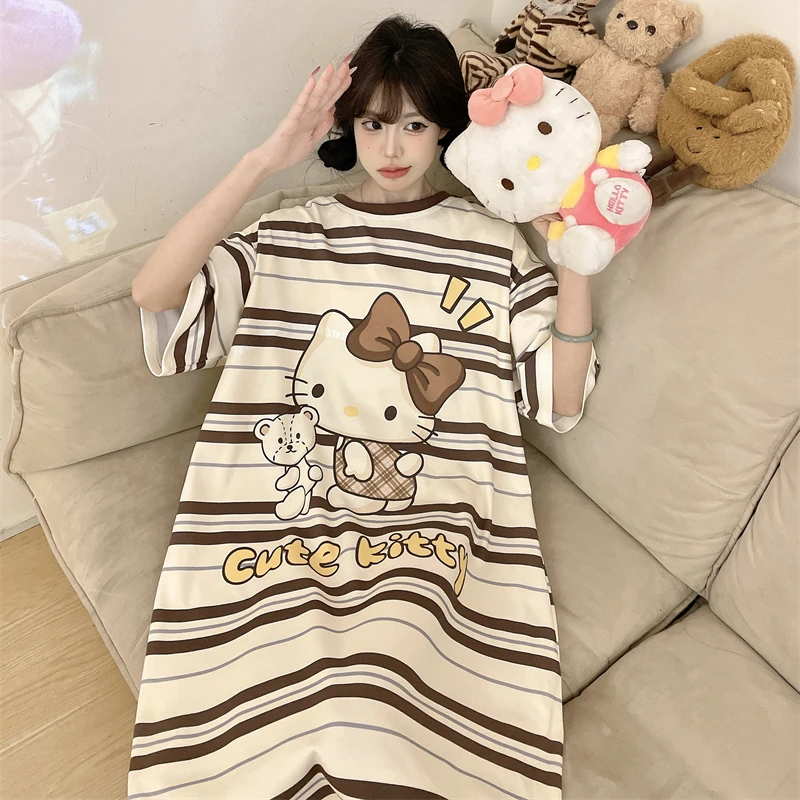 

Summer cartoon Hello Kitty short-sleeved nightdress women's loose and fattened plus medium and long pajamas loungewear