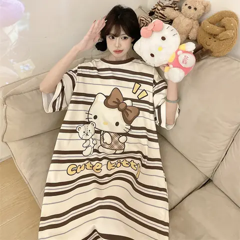 Summer cartoon Hello Kitty short-sleeved nightdress women's loose and fattened plus medium and long pajamas loungewear