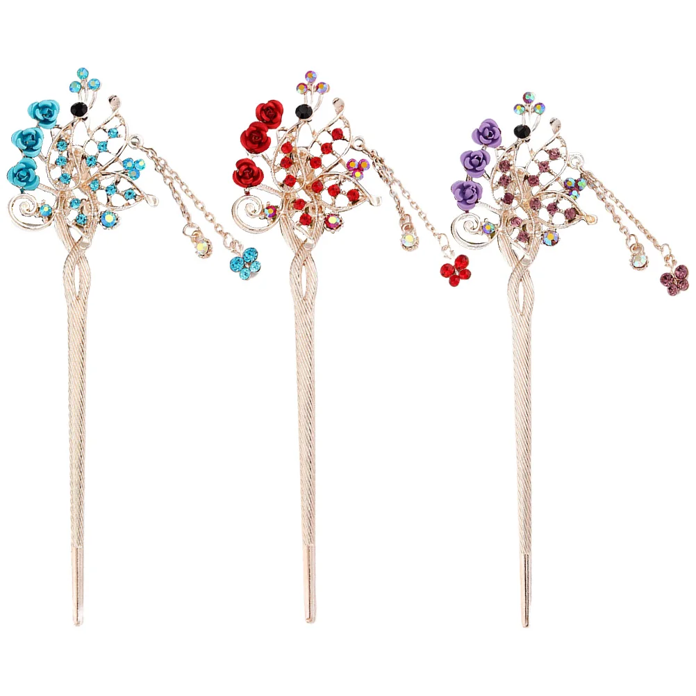 

3 шт., заколки для волос в стиле ретро, подвеска с кисточкой и стразами, розовый дизайн, заколки для волос, фиолетовый, красный, синий, элегантные палочки для волос на свадьбу, день рождения