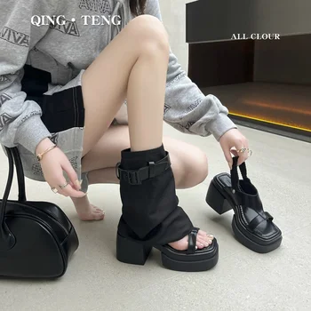  Double Purpose Panhose Boots Women's 2024 New Summer Outer Wear Platform Chunky Heel Boots  Sandal Boots Open Toe Hi... 