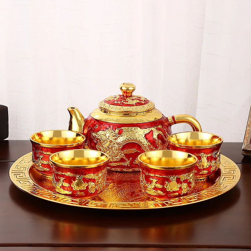 Chinese Tea Set Home Retro Zinc Alloy Chinese Dragon Teapot Teacup Tray Creative Living Room Office Gift Ornaments