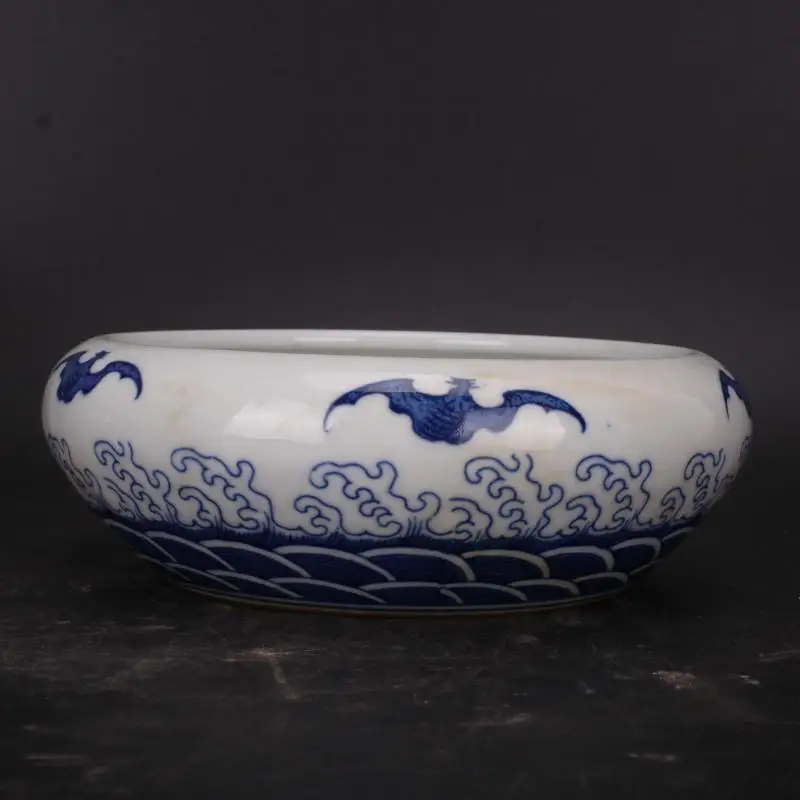 Chinese Qing Qianlong Blue and White Porcelain Bat Lotus Bowl Brush Washer 5.1