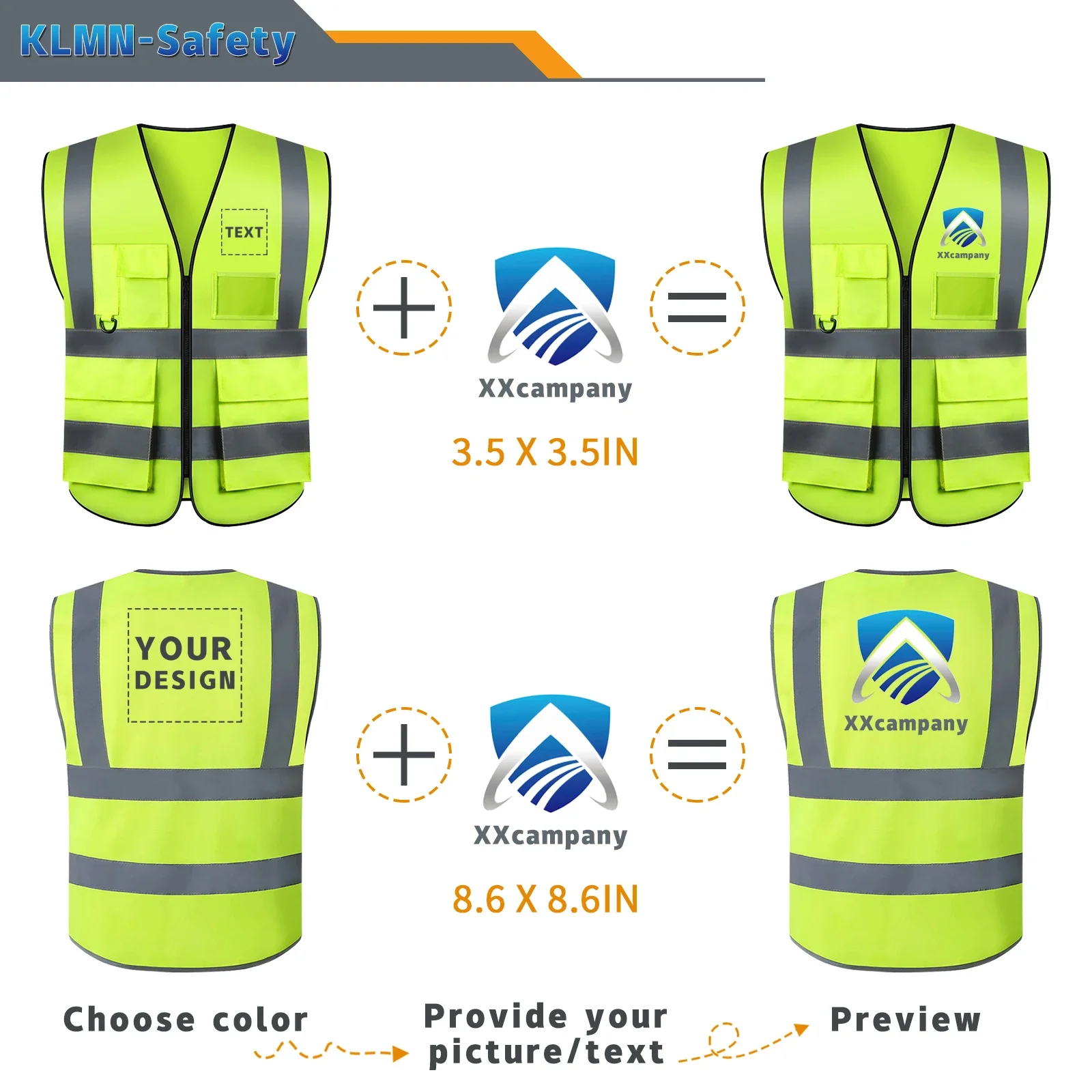 S-5XL Veiligheidsvest met aangepast logo Reflecterend vest met zakken en ritssluiting Hoge zichtbaarheid constructievest Werkkleding